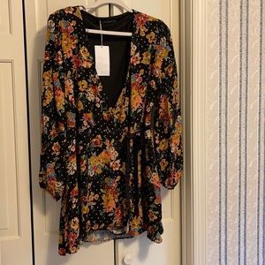 Zara trf Collection Black Bright floral Wrap Mini Dress romper Large NWT